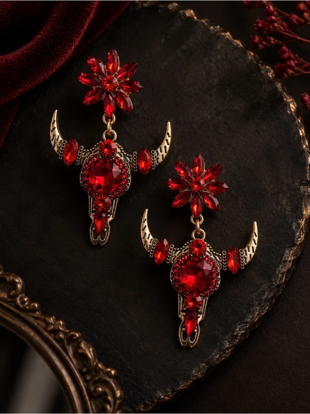 NEW! Unique Red Crystal Bull Skull Drop Earrings